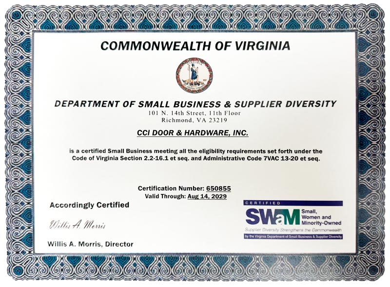 swam certificate for cci door and hardware